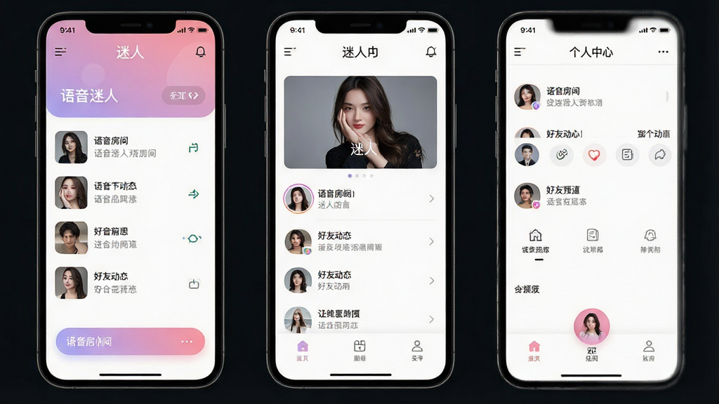 迷人APP界面预览图,主体为手机屏幕展示,布局清晰,包含语音房间列表、好友动态、个人中心等模块,排版整齐,风格现代简约,细节丰富,画质高清,干净无多余元素,图中文字标注“迷人”