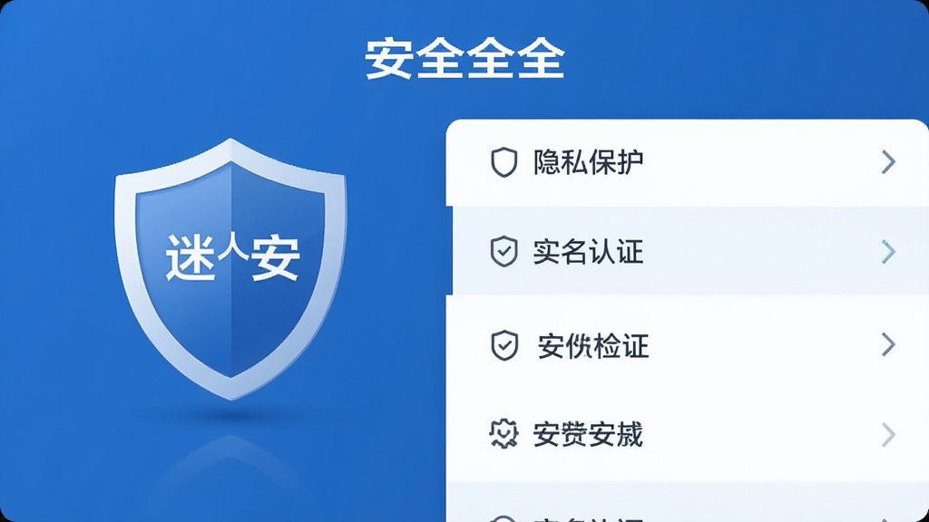 迷人APP安全中心界面,主体为盾牌图标与安全检测项列表,布局简洁,排版规整,风格商务蓝,细节包括“隐私保护”“实名认证”等选项,画质清晰,干净无多余元素,图中文字标注“迷人安全”