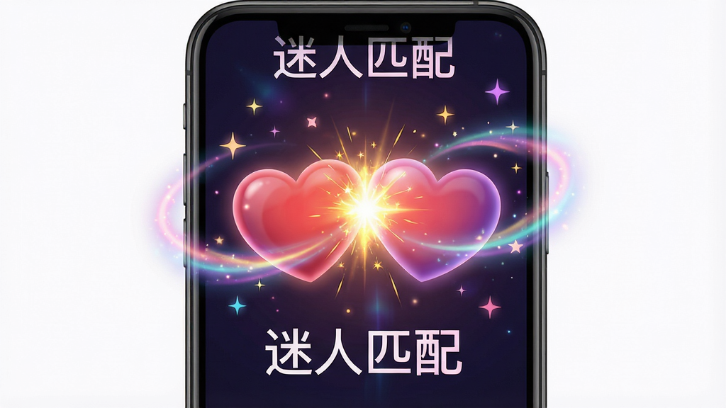 迷人APP匹配成功界面,主体为两颗心形图标碰撞出火花,布局居中,排版浪漫,风格梦幻,细节有彩色光效和星星点缀,画质高清,干净无多余元素,图中文字标注“迷人匹配”