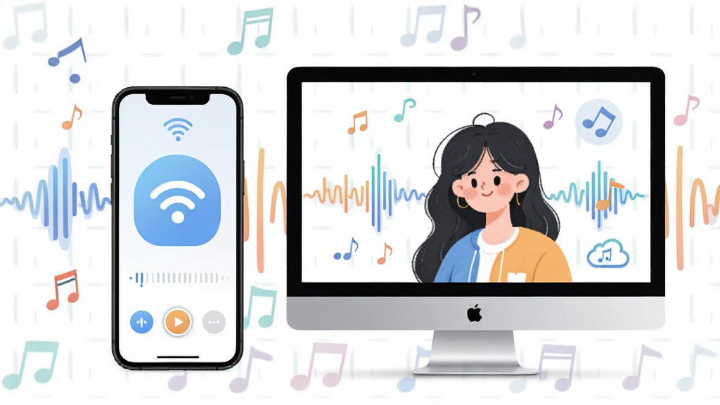 剪韵音乐剪辑使用指南插图,手机与电脑并排显示,周围有音符和波形装饰,主体居中,布局均衡,排版活泼,风格清新,细节有WiFi图标和云同步,画质清晰干净,无多余元素