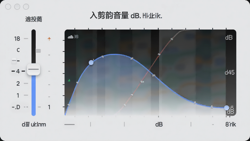 剪韵音乐剪辑音量调节面板,显示音量滑块与淡入淡出曲线,背景为浅灰界面,布局居中,排版清晰,风格简洁,细节有dB数值显示,画质高清干净,无多余元素