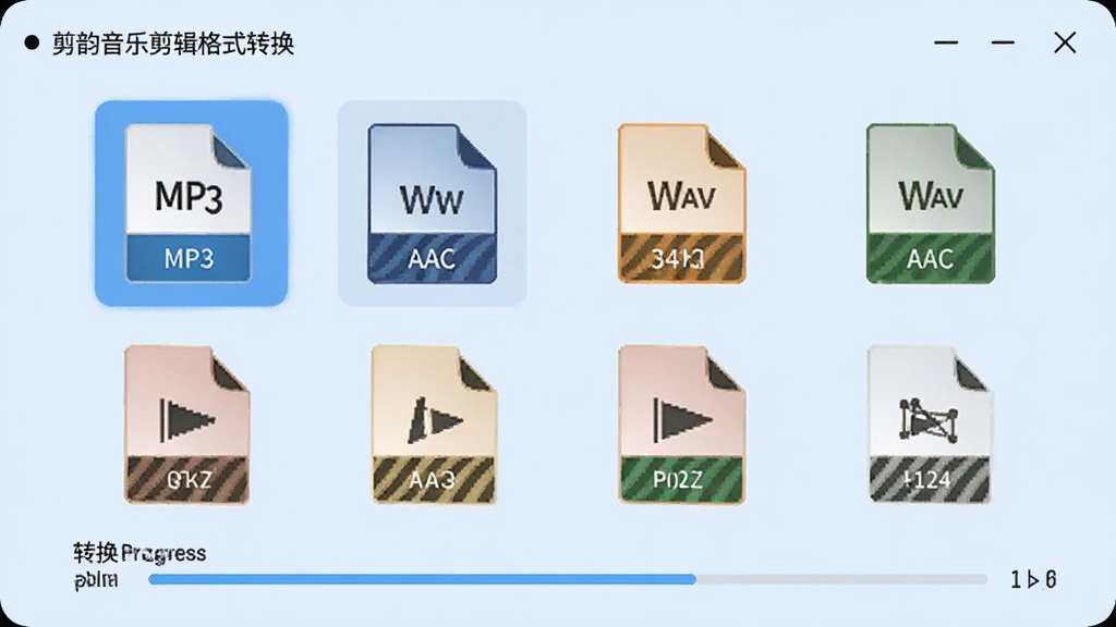 剪韵音乐剪辑格式转换界面,显示多种音频格式图标如MP3、WAV、AAC,选中状态高亮,背景浅蓝色调,布局清晰,排版整齐,风格简约,细节有转换进度条,画质干净,无多余元素