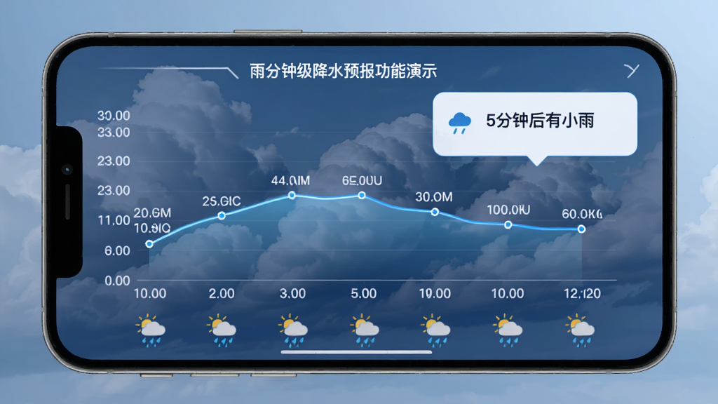 准雨天气分钟级降水预报功能演示,手机界面显示未来120分钟内逐10分钟降雨概率折线图,时间轴下方有对应的小时天气图标,背景为动态云图,界面清晰展示“5分钟后有小雨”的提示卡片,整体设计科技感十足,蓝白配色,画质干净