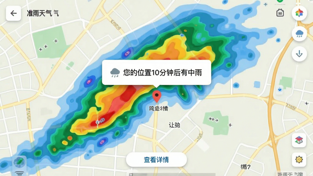 准雨天气精准落区提醒界面,地图上显示当前位置与周边街道的降雨色块覆盖,带有“您的位置10分钟后有中雨”的弹窗提醒,底部有“查看详情”按钮,地图风格清新,配色舒适,整体画面干净有序