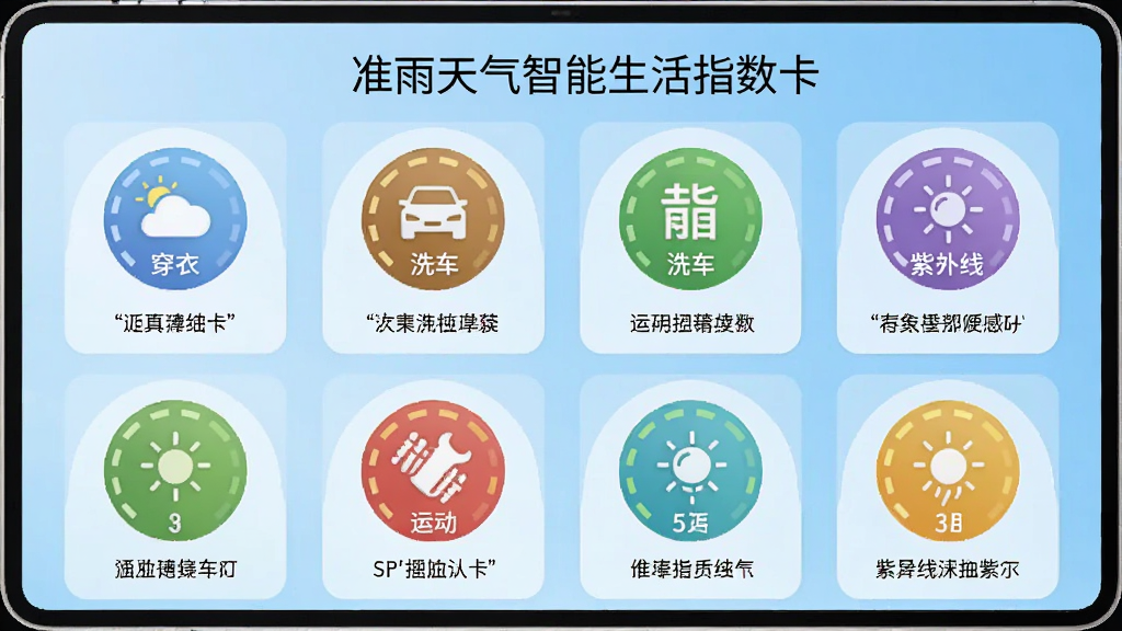 准雨天气智能生活指数卡片展示,屏幕上排列着穿衣、洗车、运动、紫外线等圆形图标卡片,每张卡片上显示对应等级和简短建议,背景为浅蓝色渐变,图标色彩丰富,排版整齐,画质清爽
