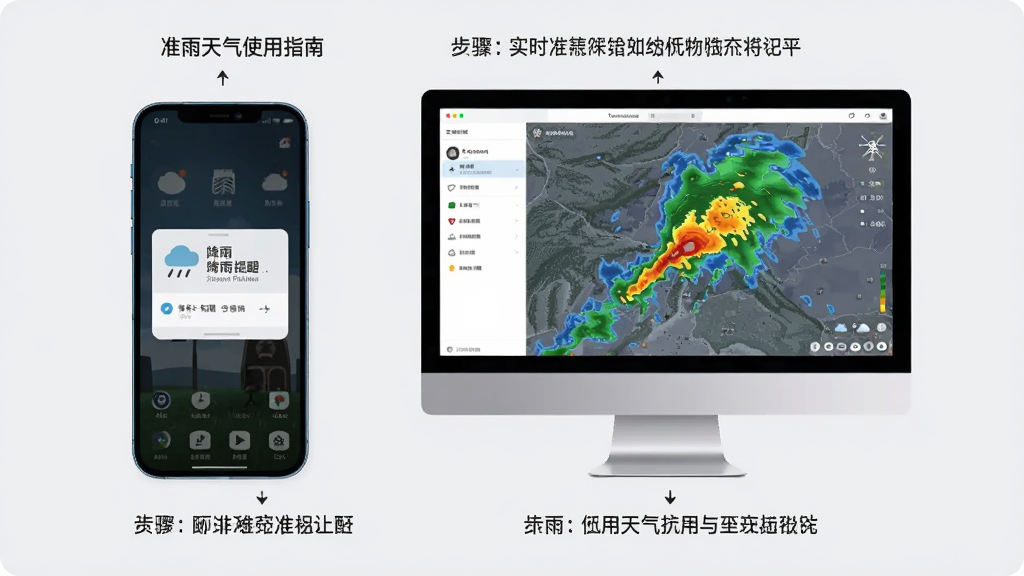 准雨天气使用指南示意图,手机与电脑并排显示应用界面,手机上有降雨提醒弹窗,电脑模拟器界面显示实时雷达图,背景为浅灰色,配有步骤说明文字,风格简洁,画质清晰