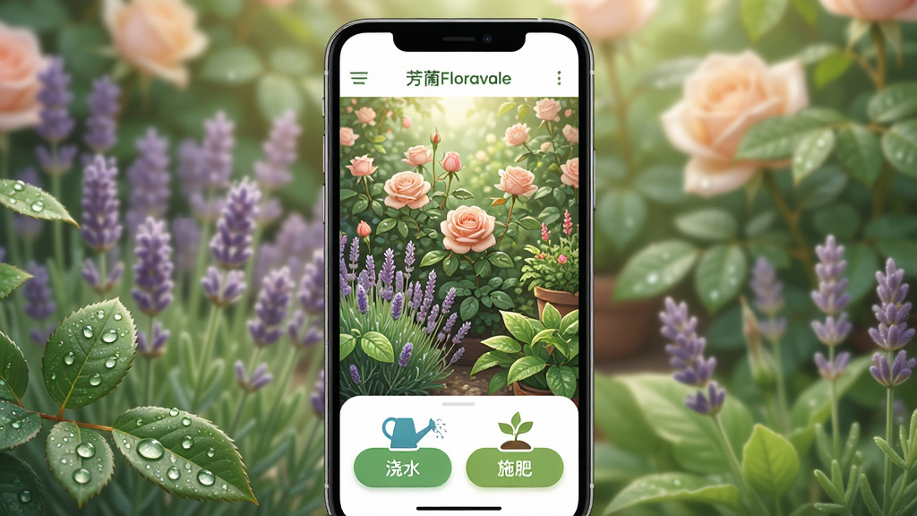 一幅充满生机与治愈感的手机应用宣传图,主体是芳圃Floravale应用界面,界面中展示一个精致的花园,有盛开的玫瑰、薰衣草和绿植,界面下方有清晰的“浇水”、“施肥”功能按钮,整体布局为竖屏手机截图样式,排版清晰,风格清新自然,细节包含叶片上的水珠与柔和的光影效果,画质细腻干净,无多余元素