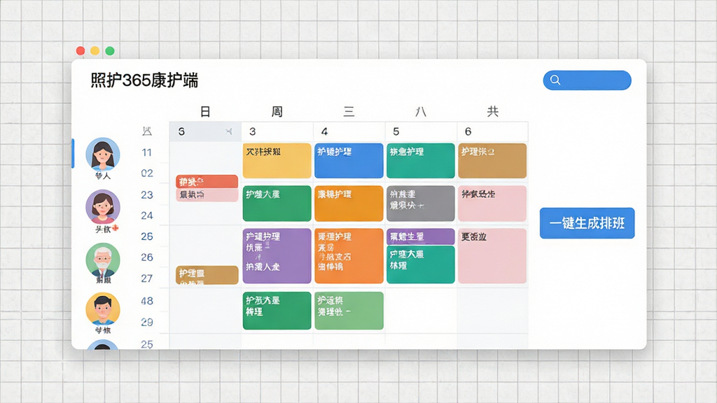 一幅扁平化风格的功能示意图,画面中央是“照护365康护端”的日历排班界面截图。界面以周视图展示,不同颜色的色块代表不同护理人员的任务安排。左侧有一列人员头像,右侧有“一键生成排班”的蓝色按钮。背景为浅灰色网格纸纹理,布局规整清晰,风格简洁明快,突出数据可视化与高效管理感,画质干净,无多余元素。