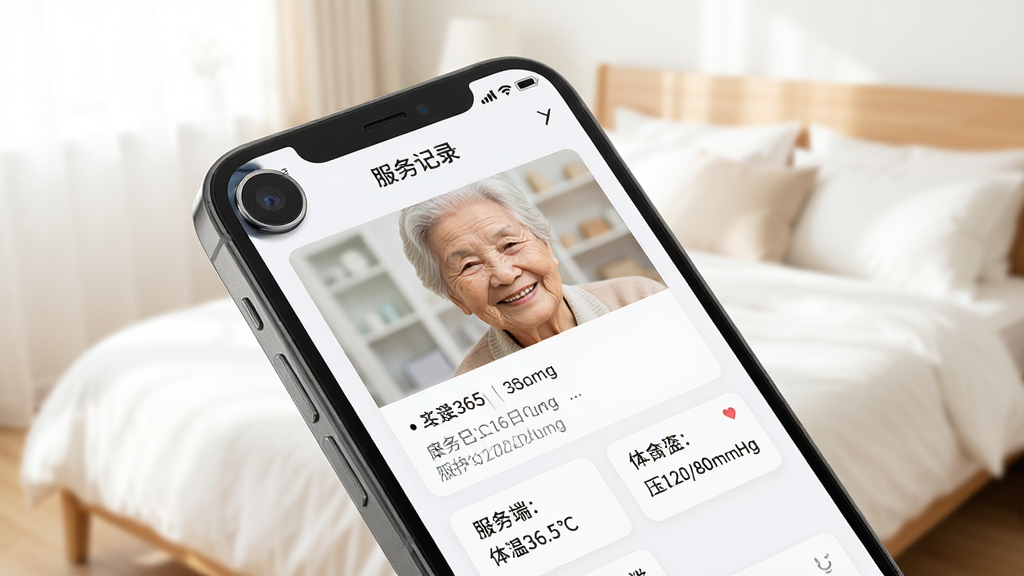 一张手机特写图片,屏幕显示照护365康护端“服务记录”详情页,包含一张老人微笑的照片、几行文字日志以及“体温36.5℃”、“血压120/80mmHg”的数据卡片。手机背面摄像头凸起,背景是明亮的居家卧室,光线柔和。构图采用45度角俯拍,突出屏幕内容,画面具有生活气息,干净明亮,画质清晰,无多余元素。