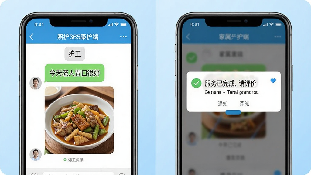 分屏对比式插图,左半部分为“照护365康护端”的聊天界面,显示护工发送的“今天老人胃口很好”文字和一张饭菜图片;右半部分为家属手机端收到的“服务已完成,请评价”的系统通知。背景采用浅蓝色渐变,风格现代简约,类似官方功能宣传图,画质清晰,布局干净,无多余元素。