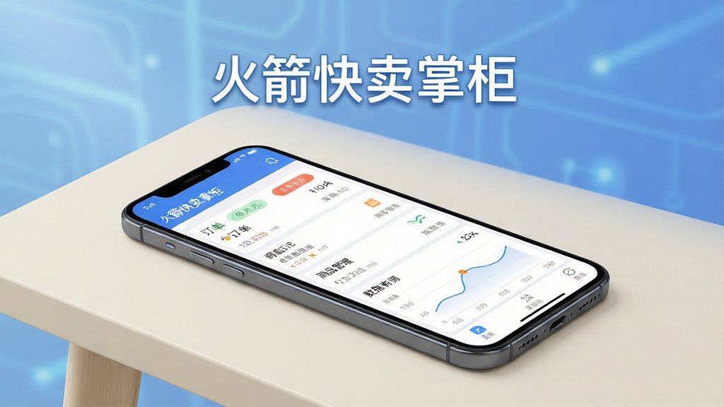画面主体为一部智能手机屏幕显示火箭快卖掌柜应用主界面,界面中清晰展示订单列表、商品管理、数据图表等核心功能模块,手机斜放于浅色桌面,背景为柔和的科技蓝渐变,上方悬浮着“火箭快卖掌柜”字样,布局干净,排版简洁,风格现代商务,细节包括订单状态标签和销量曲线,画质高清,干净无多余元素