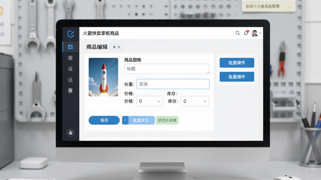 画面主体为火箭快卖掌柜商品管理界面,屏幕展示一个商品编辑表单,包含商品图片、标题输入框、价格和库存字段,旁边有批量操作按钮,背景为浅灰色工作台,布局为表单居中,排版清晰,风格简洁商务,细节包括保存按钮和状态提示,画质细腻,干净无多余元素