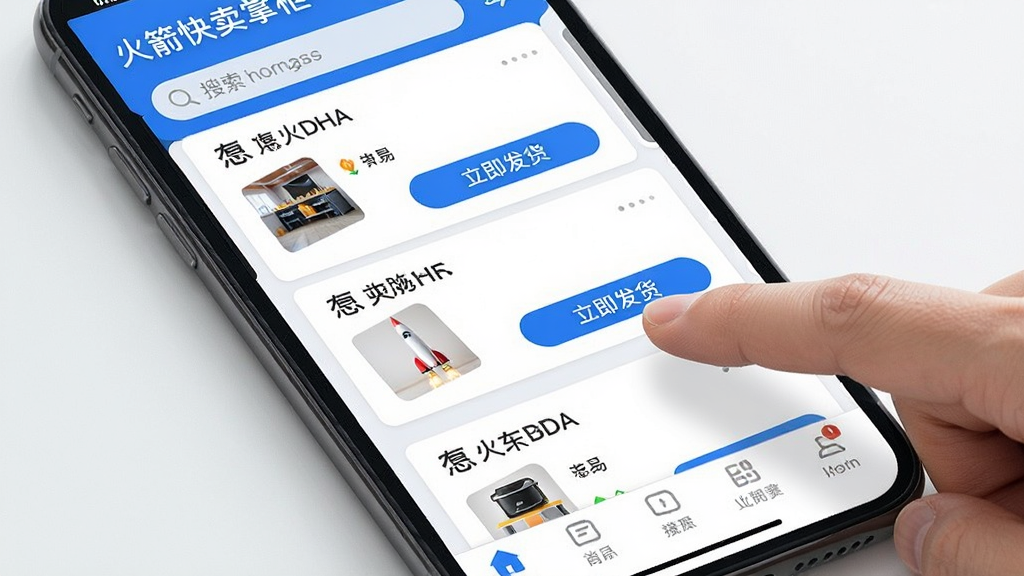 画面主体为火箭快卖掌柜应用中的订单处理页面,屏幕上排列多张订单卡片,每张卡片有买家昵称、商品缩略图和“立即发货”按钮,手指正点击一个按钮,界面以蓝白为主色调,布局为上下滑动列表式,排版紧凑有序,风格清爽实用,细节包括底部导航栏和顶部搜索栏,画质清晰,干净无多余元素