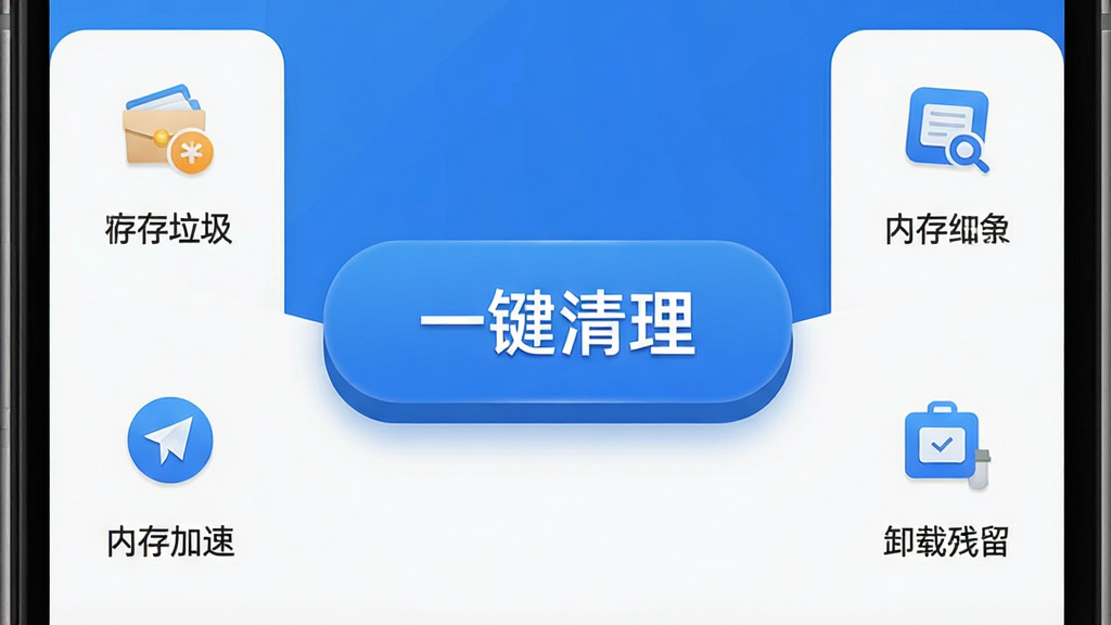 一张展示优捷一键清理软件主界面的高清截图,主体是手机屏幕,屏幕中央显示“一键清理”大按钮,周围环绕缓存垃圾、内存加速、卸载残留等清理选项图标,布局简洁清晰,采用蓝白配色,风格现代扁平化,细节突出按钮的立体感,画质细腻干净,无多余元素