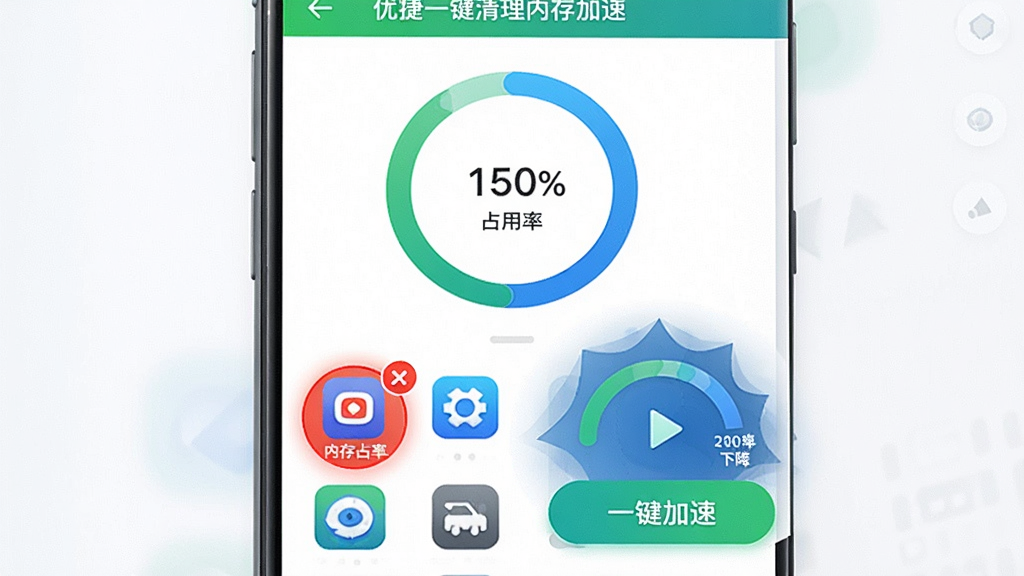 展示优捷一键清理内存加速功能的界面,主体是手机屏幕,屏幕中央显示内存占用率环形图,下方有多个后台应用图标,其中一个被红色标记,点击“一键加速”按钮后,内存占用率明显下降的动画效果,布局直观,风格清爽,绿色和蓝色为主色调,细节突出加速前后的对比,画质干净清晰,无多余元素