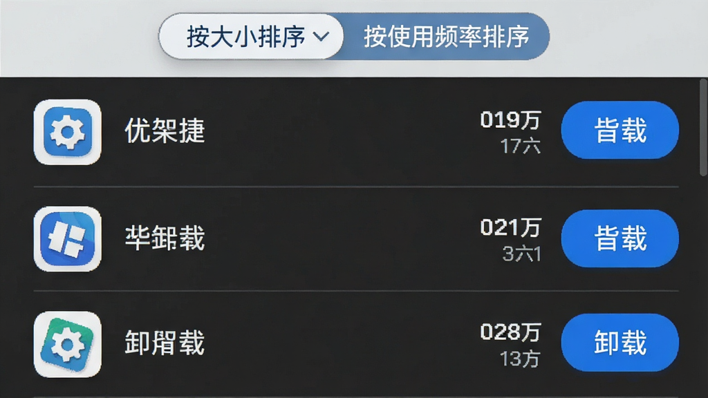 展示优捷一键清理应用管理功能的界面截图,主体是手机屏幕,屏幕上方显示已安装应用的列表,每项应用右侧显示大小和卸载按钮,顶部有“按大小排序”和“按使用频率排序”的筛选标签,布局整齐,风格简约,白色背景搭配蓝色高亮按钮,细节突出应用图标和卸载操作,画质清晰无多余元素