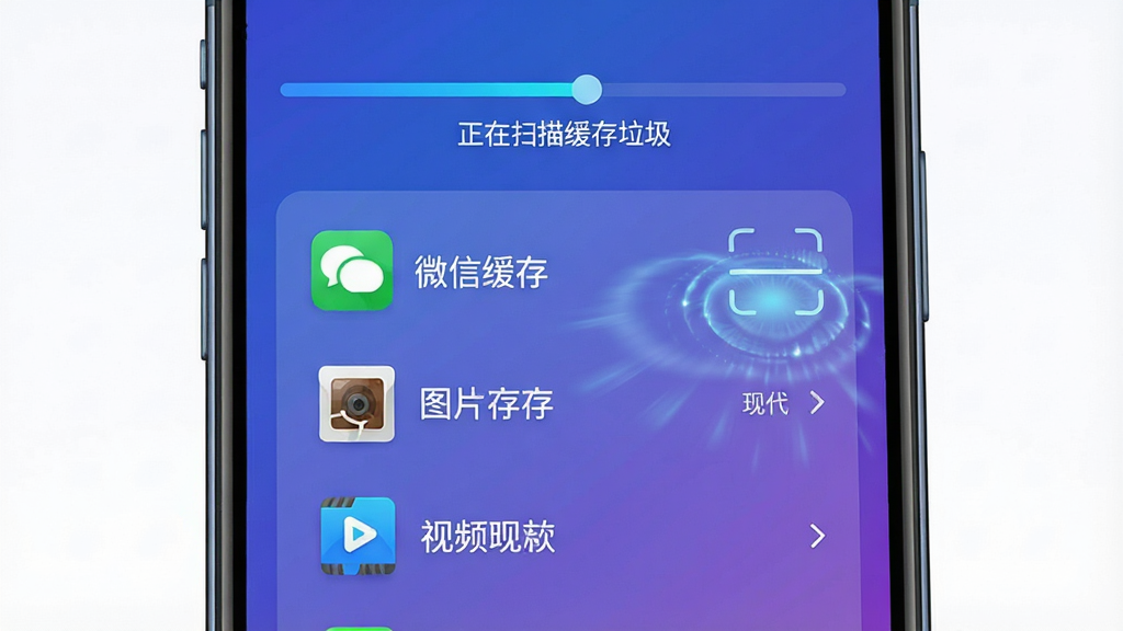 展示优捷一键清理智能扫描过程的界面截图,主体是手机屏幕,屏幕上方显示扫描进度条和“正在扫描缓存垃圾”的文字,下方列出已扫描出的垃圾文件分类图标,如微信缓存、图片缓存、视频缓存等,布局层次分明,风格科技感强,蓝紫色渐变背景,细节突出扫描动画效果,画质高清干净,无多余元素