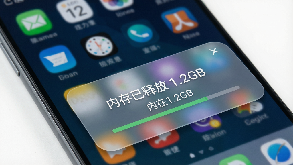一张展示优捷一键清理在手机后台运行的示意图,主体是手机屏幕,屏幕下方显示悬浮窗,悬浮窗内显示“内存已释放 1.2GB”等文字,背景为手机主界面,风格写实,细节突出悬浮窗的圆角设计和半透明效果,画质高清干净,无多余元素