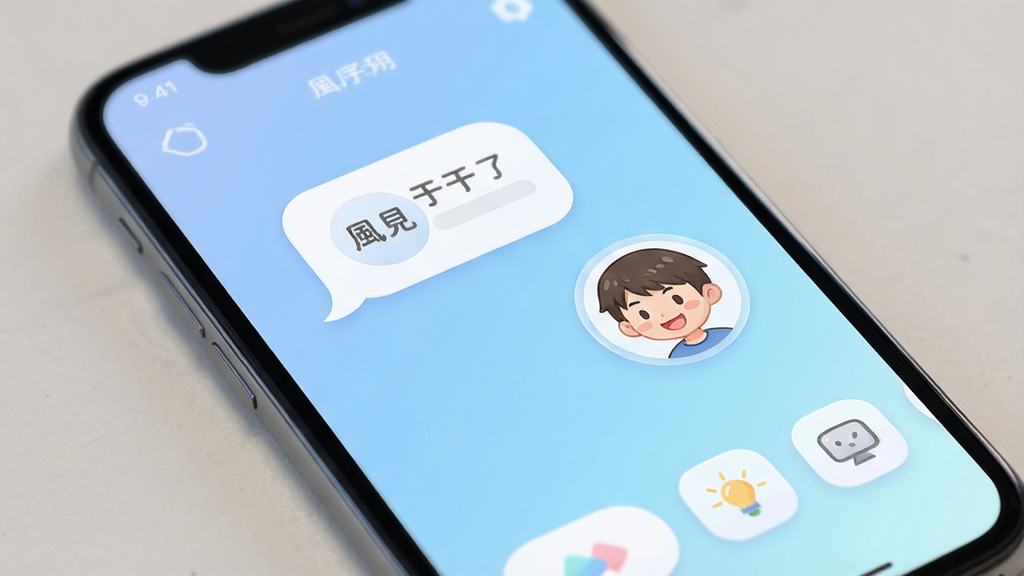 风见予应用主界面展示,手机屏幕中央显示对话气泡与卡通头像,背景为柔和的渐变蓝色,整体布局简洁现代,UI图标圆润精致,风格清新明亮,细节丰富,画质高清,干净无多余元素