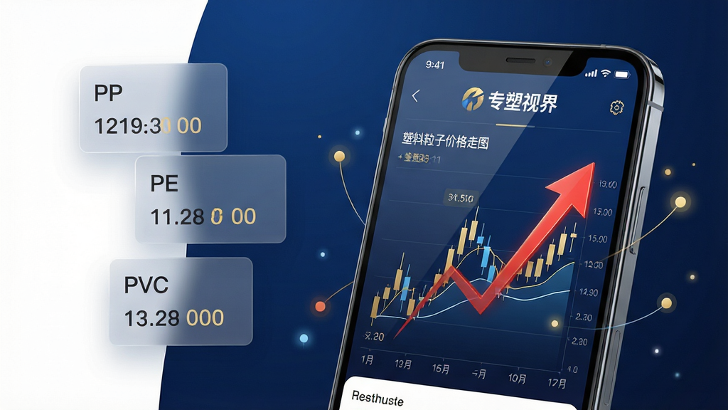 主体:一款名为“专塑视界”的智能手机应用界面特写,屏幕高清显示塑料粒子价格走势图与红色上涨箭头。布局:手机居中偏右,左侧留白区域以半透明浮窗形式展示“PP”、“PE”、“PVC”等塑料品种的实时报价卡片。排版:界面信息层级分明,图表线条流畅,数据标签清晰,整体视觉重心集中在屏幕中央的K线图上。风格:现代科技感与商务简约风结合,背景为深蓝色渐变,搭配金色与白色点缀,营造专业、可信赖的氛围。细节:手机屏幕反光细腻,图表上显示“专塑视界”字样Logo,周围悬浮着微小的数据节点光效,画面干净无多余元素。画质:8K超高清渲染,细节丰富,色彩饱满,构图严谨,无任何水印或无关标识。