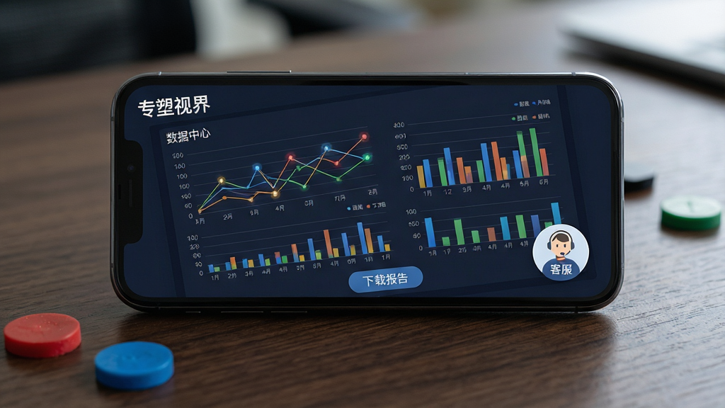 主体:一部智能手机横屏显示“专塑视界”的“数据中心”页面,屏幕上是复杂的折线图与柱状图组合,画面右下角有一个悬浮的“客服”头像图标。布局:手机平放在深色木纹桌面上,周围散落着几枚塑料颗粒样本(红、蓝、绿色),背景虚化。排版:屏幕内容占据画面主体,图表线条清晰,数据点高亮,整体构图稳定,视觉焦点明确。风格:写实商务风格,光影自然,色彩真实,突出专业与可靠感。细节:屏幕内显示“专塑视界”字样,图表下方有“下载报告”按钮,木纹桌面纹理清晰,塑料颗粒质感真实。画质:高清摄影质感,焦点锐利,景深效果自然,画面干净无杂物。