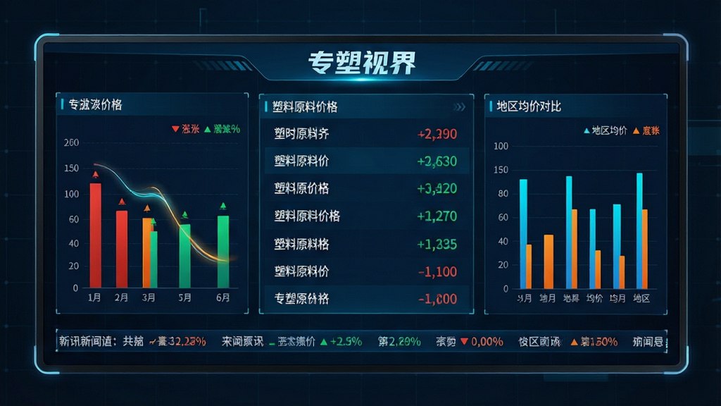 主体:一个现代简约风格的数据可视化大屏,屏幕中央显示“专塑视界”品牌名称与实时滚动的塑料原料价格列表。布局:背景为深色科技网格,大屏占据画面主体,左侧为价格涨跌条形图,右侧为地区均价对比柱状图,底部为滚动新闻快讯。排版:信息模块化分布,数据字体采用清晰的无衬线体,涨跌颜色区分明显(红涨绿跌),视觉流向从左至右。风格:高端商务风与科技感融合,色调以深蓝、亮青和橙色为主,突出数据的活跃度与专业感。细节:屏幕边缘有微弱的发光效果,数据刷新时带有流光动画,画面干净整洁,无多余装饰。画质:超清渲染,线条锐利,光影效果真实,整体呈现未来感与权威感。