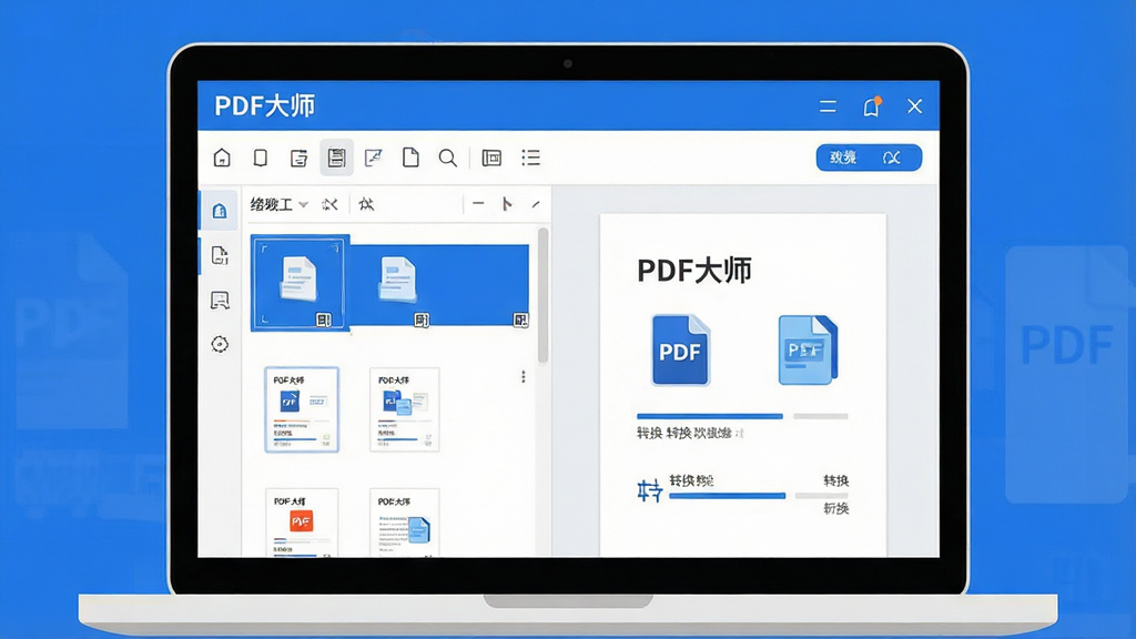 一幅扁平化风格的产品宣传图,主体为笔记本电脑屏幕中显示“PDF大师”主界面,界面包含工具栏、缩略图栏和文档预览区,布局清晰,排版整洁,整体色调以蓝白为主,细节处有文件图标和转换进度条,画质高清,干净无多余元素