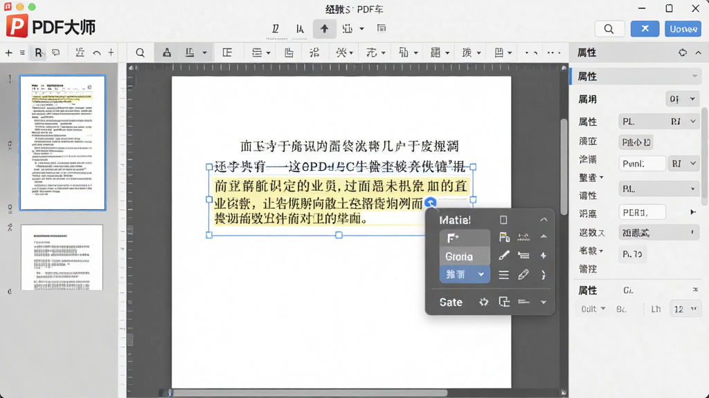 展示“PDF大师”编辑界面的特写,主体为文档页面上选中一段文字并弹出编辑菜单,布局包含左侧页面缩略图、中间编辑区域、右侧属性面板,排版专业,风格写实,细节体现高亮文本和浮动工具条,画质清晰,干净无多余元素