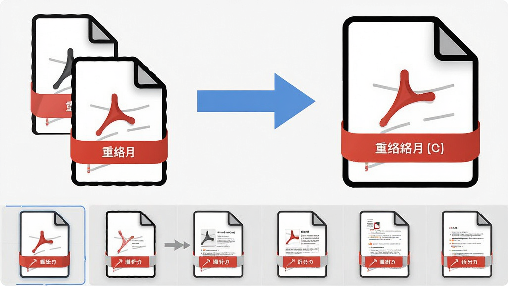 一幅对比示意图,主体为左侧多个PDF文件图标通过箭头汇入右侧一个完整的PDF文件图标,下方显示拆分后的独立页面缩略图,布局清晰,排版直观,风格简洁,细节有文件重命名标签,画质干净,无多余元素