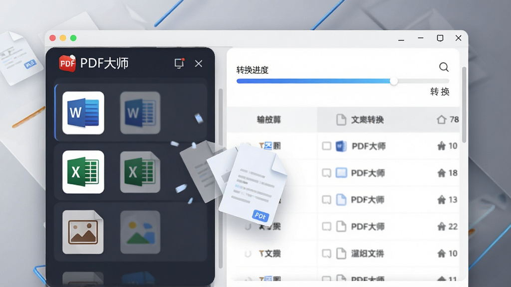 一张动态效果图,主体为“PDF大师”格式转换界面,左侧列出多种输出格式图标如Word、Excel、图片,右侧显示转换进度条和文件列表,布局左右对称,排版整齐,风格现代简约,细节有文件飞入动画,画质流畅,干净无多余元素