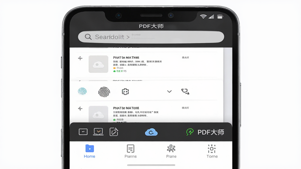 展示“PDF大师”在手机上的操作界面,主体为手机屏幕中显示文档列表和工具栏,布局为上下结构,上方有搜索栏,下方有底部菜单,排版简洁,风格现代,细节有指纹解锁图标和云同步状态,画质细腻,干净无多余元素