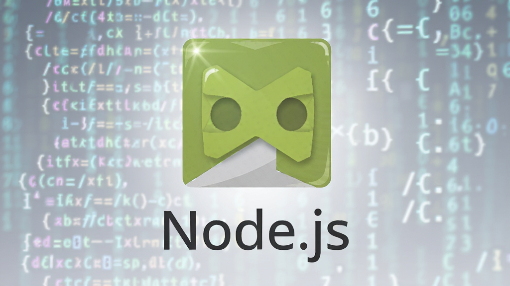 主体:Node.js官方Logo与代码背景融合;布局:居中构图,Logo置于视觉中心,背景为模糊的代码雨;排版:简洁大气,Logo下方标注
