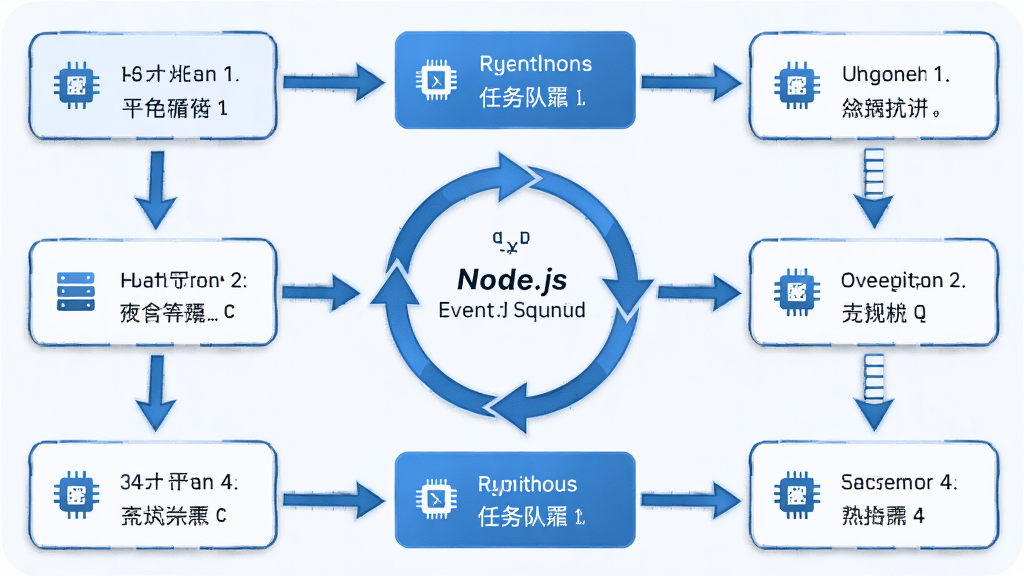 主体:Node.js事件循环示意图;布局:流程图形式,中央为事件循环,四周为异步任务队列;排版:清晰标注各步骤;风格:简约科技风,蓝白配色;细节:箭头指向明确,图标精致;画质:高清,干净,无多余元素
