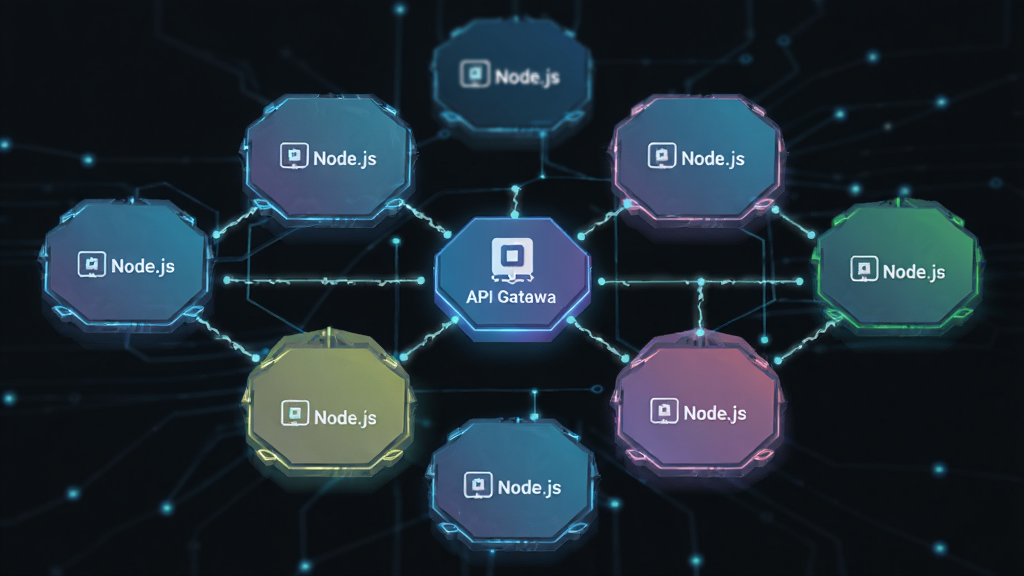 主体:微服务架构示意图,多个Node.js服务模块相互连接;布局:六边形模块组成网状,中心为API网关;排版:模块间连线清晰;风格:现代科技感,渐变色彩;细节:每个模块标注