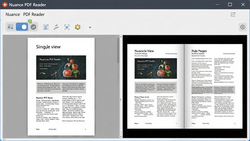 չʾNuance PDF Reader�����Ķ���ͼģʽ�л����棬������ͬʱ��ʾ��ҳ��ͼ��˫ҳ��ͼ��Ԥ�����ڣ�������������ͼģʽ�л���ť���������ơ�Nuance PDF Reader���ڴ������Ͻǣ�����࣬����չʾ��ͬ��ͼЧ�����޶���Ԫ��