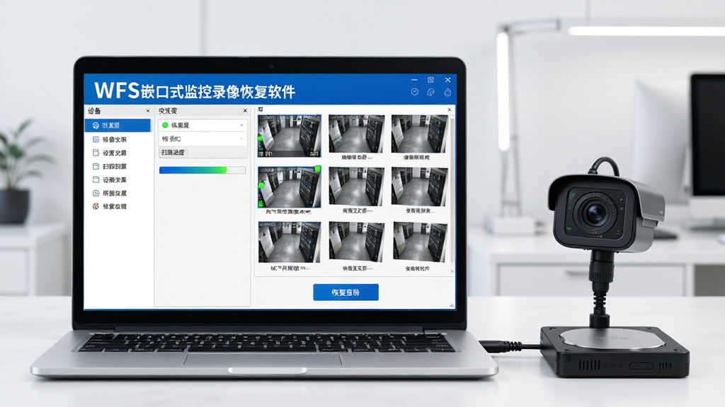 主体:一台笔记本电脑连接着监控摄像头和硬盘设备,屏幕上显示WFS嵌入式监控录像恢复软件主界面,界面中带有“WFS嵌入式监控录像恢复软件”字样。布局:左侧为设备列表与扫描进度条,右侧为恢复文件预览网格,底部为恢复按钮。排版:清晰的功能分区,现代软件界面风格。风格:科技感、专业、蓝白主色调。细节:文件缩略图显示监控画面,扫描状态指示灯闪烁,背景为简约办公桌面。画质:高清、干净、无多余元素。