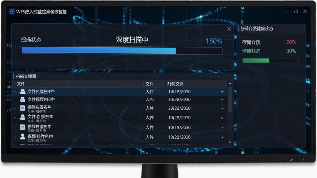 主体:一台电脑显示器上展示WFS嵌入式监控录像恢复软件的深度扫描界面,上方显示“深度扫描中”进度条,下方列出扫描到的视频文件列表。布局:界面分为扫描状态区与文件列表区,右侧显示存储介质健康状态。排版:专业数据恢复软件风格,信息层级清晰。风格:深色背景配蓝色高亮,科技感十足。细节:进度条带有百分比数字,文件列表包含文件名、大小、时间戳,背景为抽象数据流。画质:高清、干净、无多余元素。
