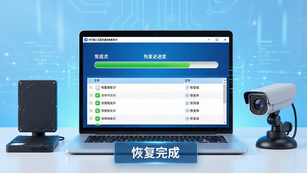 主体:一台笔记本电脑正在运行WFS嵌入式监控录像恢复软件,界面上显示恢复进度条,旁边有外接硬盘和监控摄像头模型。布局:电脑屏幕居中,外接设备放置于两侧,底部有“恢复完成”提示框。排版:清晰的产品展示场景,带有操作演示感。风格:明亮背景,蓝色科技色调。细节:进度条为绿色,文件列表中有打勾的恢复项,周围有数据流线条。画质:高清、干净、无多余元素。