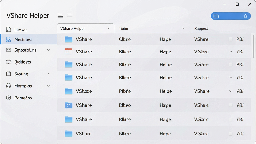 一幅展示VShare Helper主界面的高清截图,界面简洁现代,左侧为功能导航栏,右侧为文件列表区域,背景为浅灰色渐变,整体风格干净明亮,文字标注“VShare Helper”,画质清晰,无多余元素