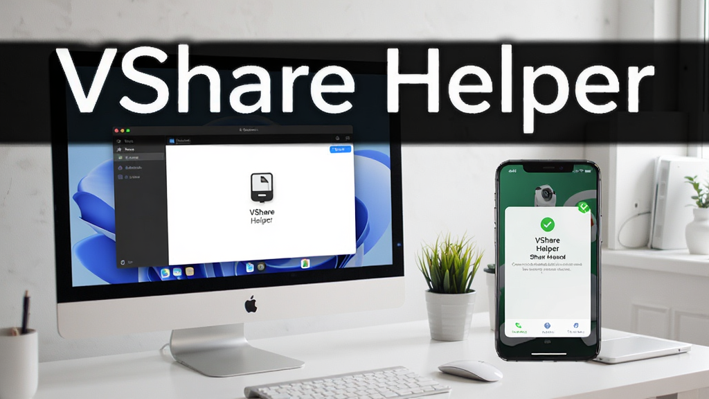 展示VShare Helper在电脑和手机之间传输文件的场景,电脑屏幕显示软件界面,手机显示传输完成提示,背景为办公桌面,画面干净,文字标注“VShare Helper”,画质清晰,无多余元素