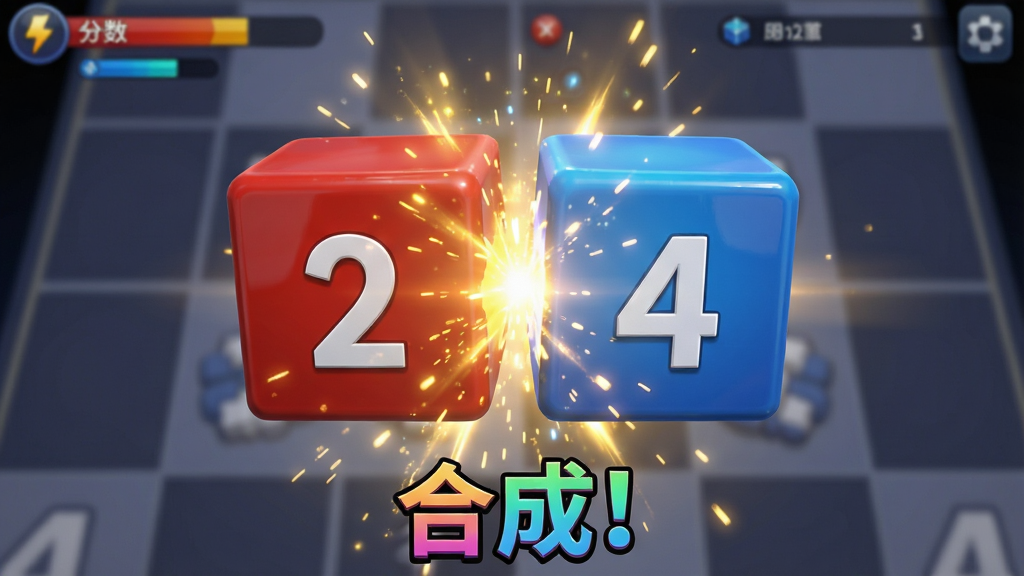 游戏内合成瞬间的特写截图,主体是两个标有数字“2”的红色方块正在碰撞融合,周围迸发出金色光芒与能量粒子,画面定格在即将变为数字“4”的蓝色方块的瞬间。布局采用中心构图,合成中的方块位于画面正中,背景为虚化的游戏棋盘格。排版上,画面顶部有游戏分数UI,底部有“合成!”的彩色艺术字提示。风格为高清游戏实机画面,细节展现方块光滑的质感与光影反射,画质细腻干净,无多余元素,突出合成玩法的华丽与刺激。