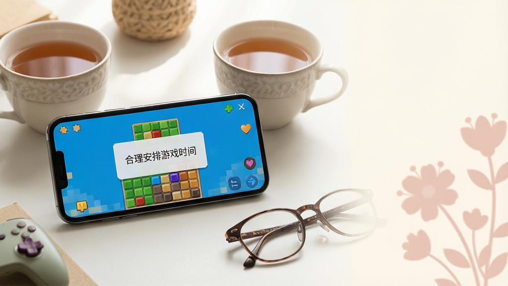 一张温馨的提示图,主体为一部智能手机横屏运行方块游戏,屏幕内显示“合理安排游戏时间”的提示弹窗,手机旁放着一杯清茶和一副眼镜。布局采用侧视构图,手机位于画面中央偏左,周围摆放着道具。排版上,画面右侧有大片留白,并配有柔和的花卉剪影。风格为写实摄影风格,细节上光线柔和,营造出宁静舒适的氛围,画质干净,无多余元素,传达出健康游戏的理念。