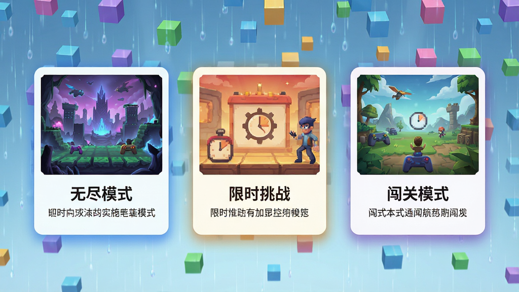 一张展示游戏模式选择界面的宣传图,主体为三个风格迥异的游戏模式卡片,分别命名为“无尽模式”、“限时挑战”和“闯关模式”,卡片上印有对应的游戏场景缩略图。布局采用横向排列,三张卡片等距分布,背景为动态的方块雨。排版上,每张卡片下方都有简洁的模式名称和一句话介绍。风格为清新明快的UI设计,细节上卡片边缘有柔和的投影和微光效果,画质高清干净,无多余元素,清晰地展现出游戏内容的丰富性。