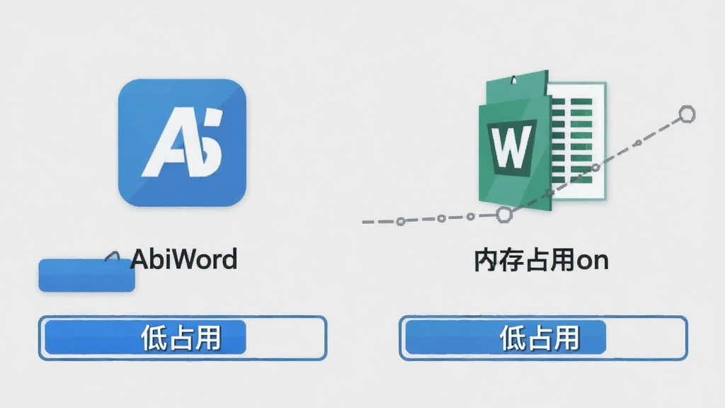 主体:AbiWord软件图标和内存占用对比图,左侧为AbiWord,右侧为其他办公软件,用进度条表示内存占用高低。布局:左右对比排版,图标上方标注软件名称,下方为内存条。排版:简洁直观,AbiWord图标旁内存条长度明显较短。风格:科技感扁平插画风,蓝色调为主,背景浅灰。细节:内存条上标注“低占用”字样,对比鲜明。画质:清晰干净,无多余元素。