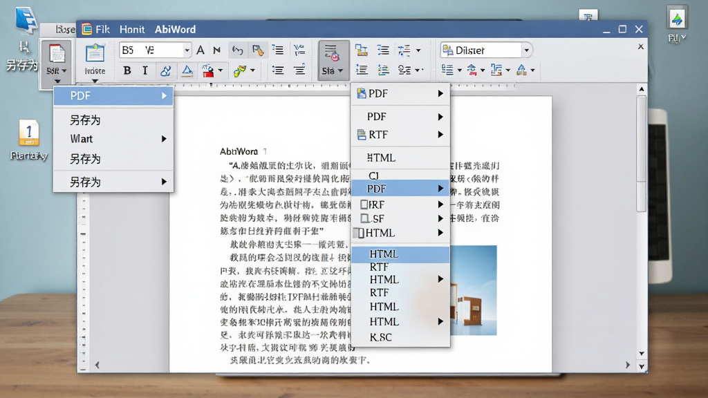 主体:AbiWord文档编辑界面中打开一个Word格式文件,页面显示文字和图片混排,工具栏上有“另存为”下拉菜单,列出多种格式选项。布局:界面居中,菜单展开显示格式列表。排版:文档内容清晰,格式选项如PDF、RTF、HTML等文字可读。风格:写实界面截图风格,色彩自然,背景为桌面。细节:文件格式选项高亮显示。画质:高清细腻,无多余元素。