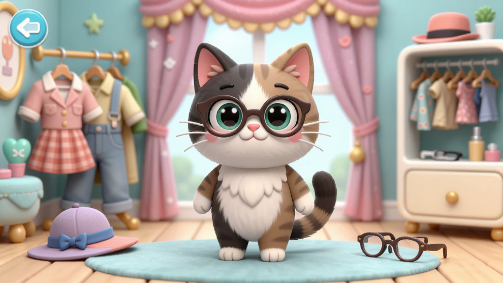Cat StylistӦ��������Ԥ��ͼ��չʾһֻ�ɰ��Ŀ�ͨè��վ��װ�λ����ķ������Χ�и����·���ñ�ӡ��۾��ȵ��ߣ���������������������3D��Ⱦ��ϸ�ڷḻ�����ʸ��壬�ɾ��޶���Ԫ��