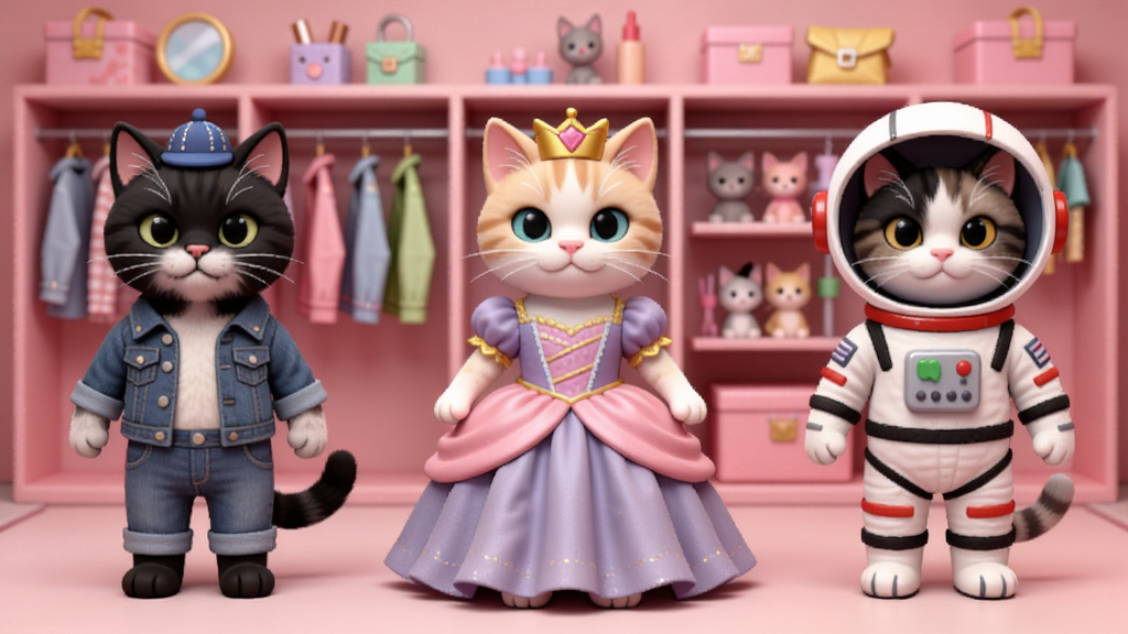 Cat Stylistװ����Դչʾͼ��չʾè�䴩�Ų�ͬ���ķ�װ����ţ�з�������ȹ�����������Ϊ��ɫ�����ң���Ʒ���������У�3D��Ⱦ�������������ɾ��޶���Ԫ��