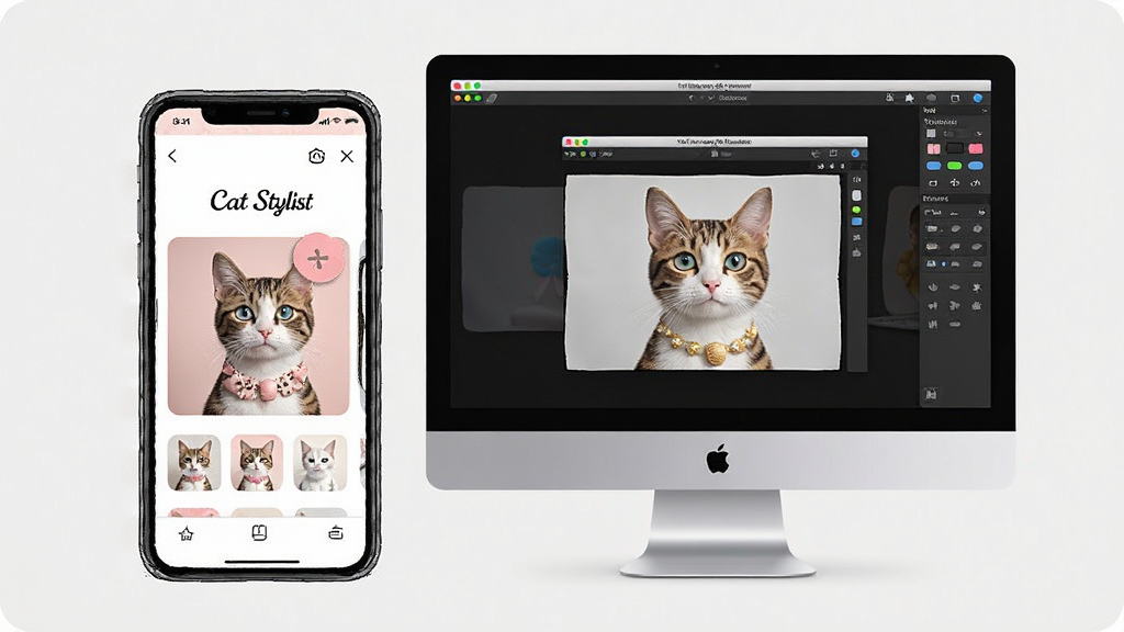Cat Stylist ʹ�û���ʾ��ͼ��չʾ�ֻ�����Բ��Űڷţ��ֻ���Ļ��ʾè��װ����棬������ĻΪģ�������ڣ�������࣬���ʸ��壬�ɾ��޶���Ԫ��