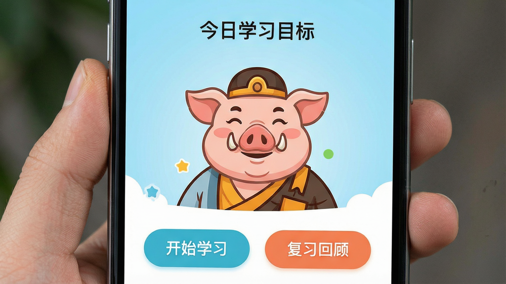 一张手机屏幕特写,展示八戒单词APP主界面,界面中央有一个卡通猪八戒形象,头顶显示“今日学习目标”字样,背景是淡蓝色渐变,界面下方有“开始学习”和“复习回顾”两个圆角按钮,整体排版简洁干净,采用扁平化设计风格,色彩明亮活泼,画质高清,细节丰富,无多余元素。