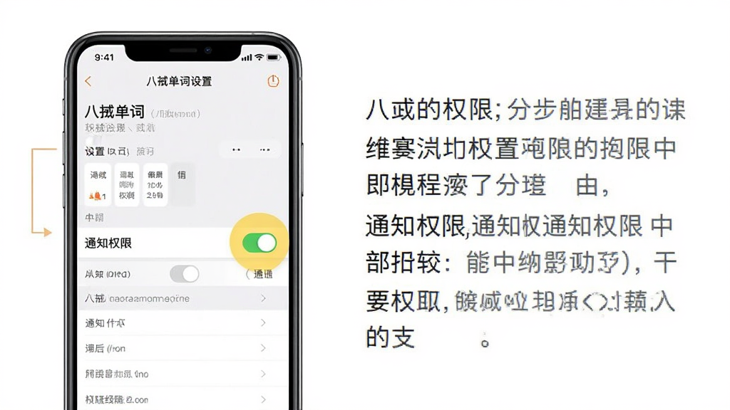 一张分步教程示意图,左侧是手机界面截图,右侧是文字说明,展示八戒单词的设置页面,其中“通知权限”开关被高亮标注,背景为白色,线条简洁,画质干净,无多余元素。